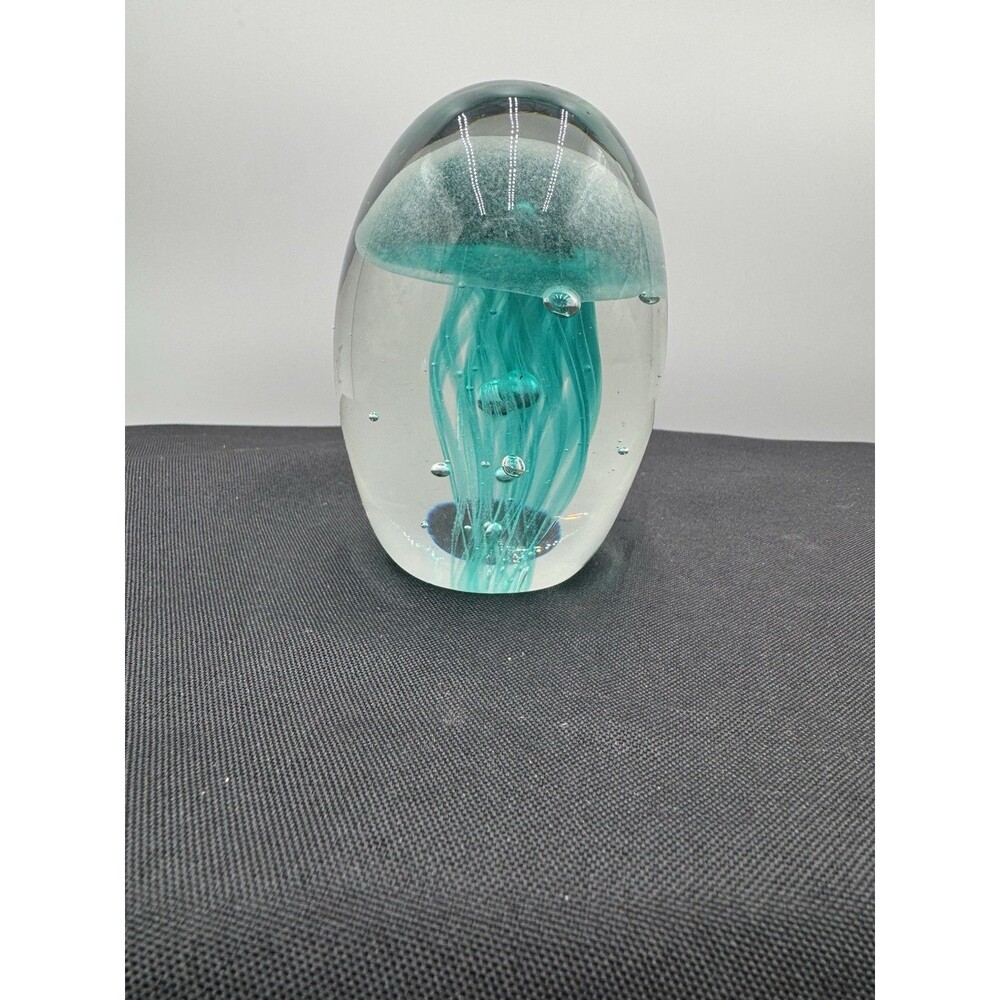 Dynasty Gallery Turquoise Jellyfish Glass Paperweight Glows With UV Light 4"